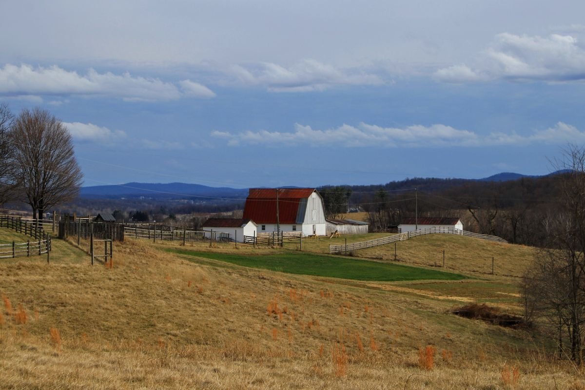 Rolling Virginia farmland with a barn and the Blue Ridge Mountains in the distance